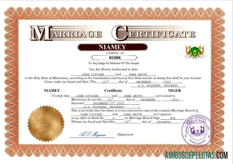 Imprimível modelo Word e PDF de certidão de casamento do Níger